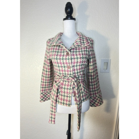 Margaret O'Leary Jacket S Pink Wool Tweed Belt Button Coat Coquette Herringbone - Picture 2 of 7